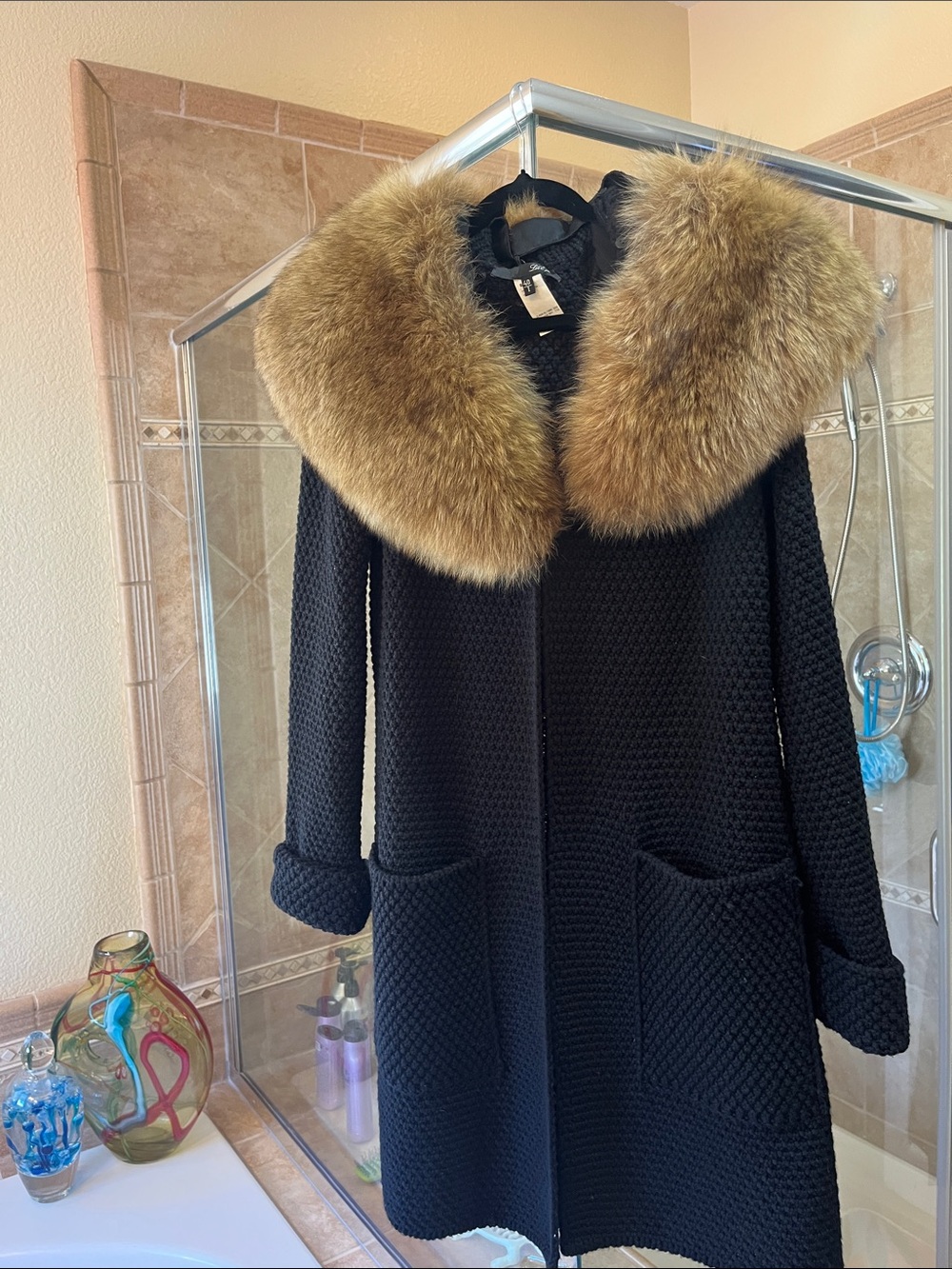 Les Copains Black Knit Coat with Brown Fur Collar
